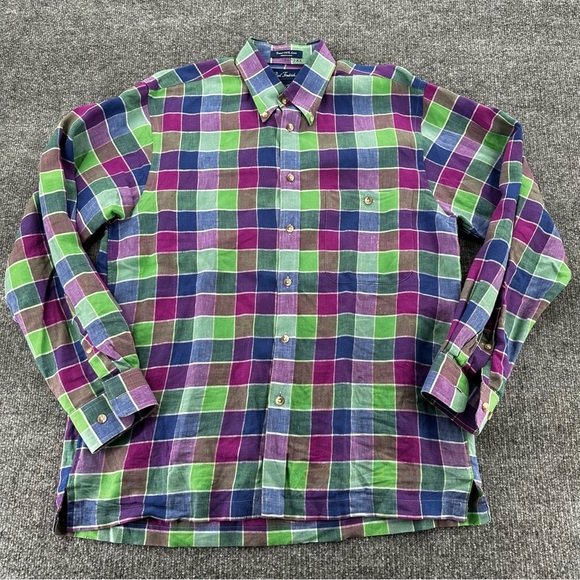 Paul Fredrick Shirt Mens M Slim Fit Windowpane Plaid‎ Multicolored 100% Linen - Picture 1 of 12